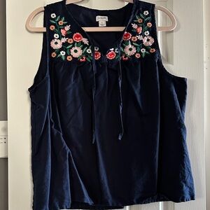 J.Crew XL Navy Floral Embroidered Blouse linen/cotton blend